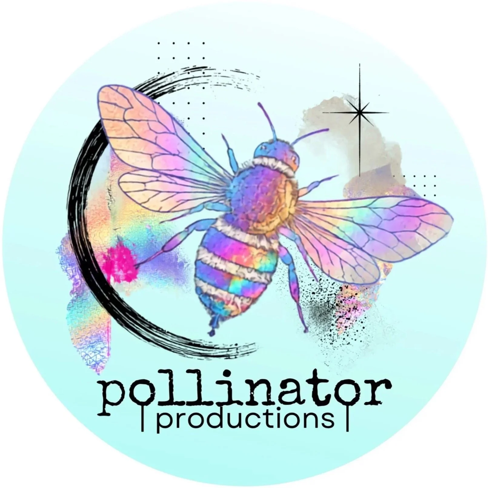Colorful artistic illustration of a bee with rainbow-colored wings and body, surrounded by abstract watercolor and ink elements, with text reading 'pollinator productions'.
