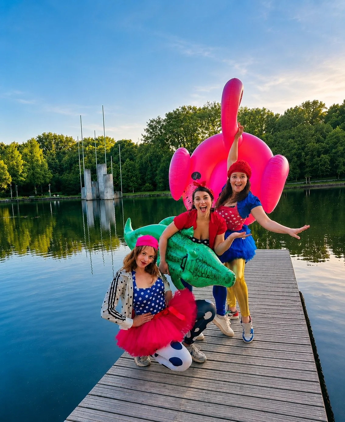 Three women in colorful costumes on a wooden dock by a lake with inflatable pink flamingo and dinosaur floats, surrounded by green trees under a blue sky.