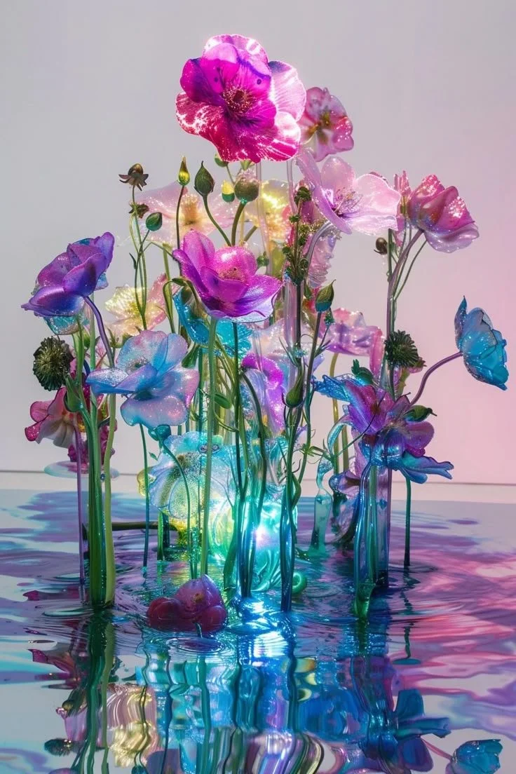 Colorful glass flowers in pink, purple, blue, and yellow hues emerging from water, reflecting light and creating a vibrant display.