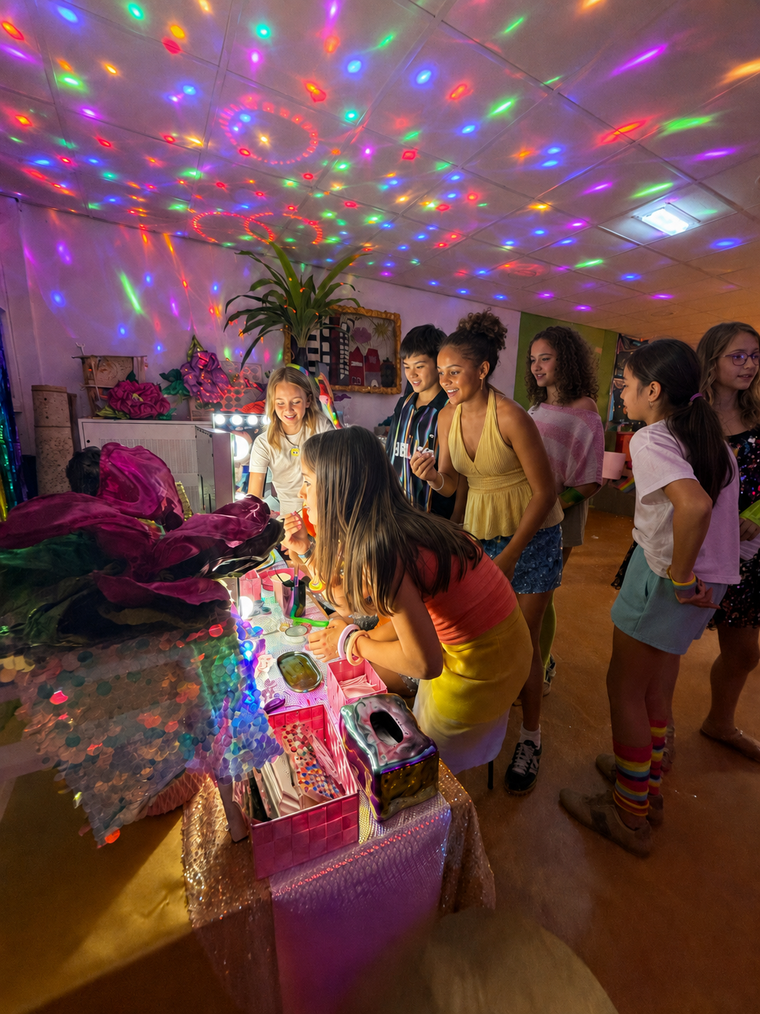 Group of girls at a colorful birthday party with disco lights, gathered around a table filled with party favors and decorations.