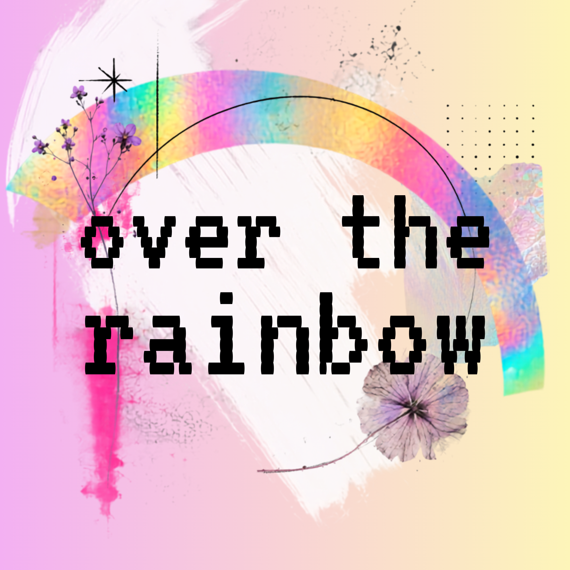 Abstract artwork with a pastel rainbow and black musical notes, small flowers, and splashes of color.