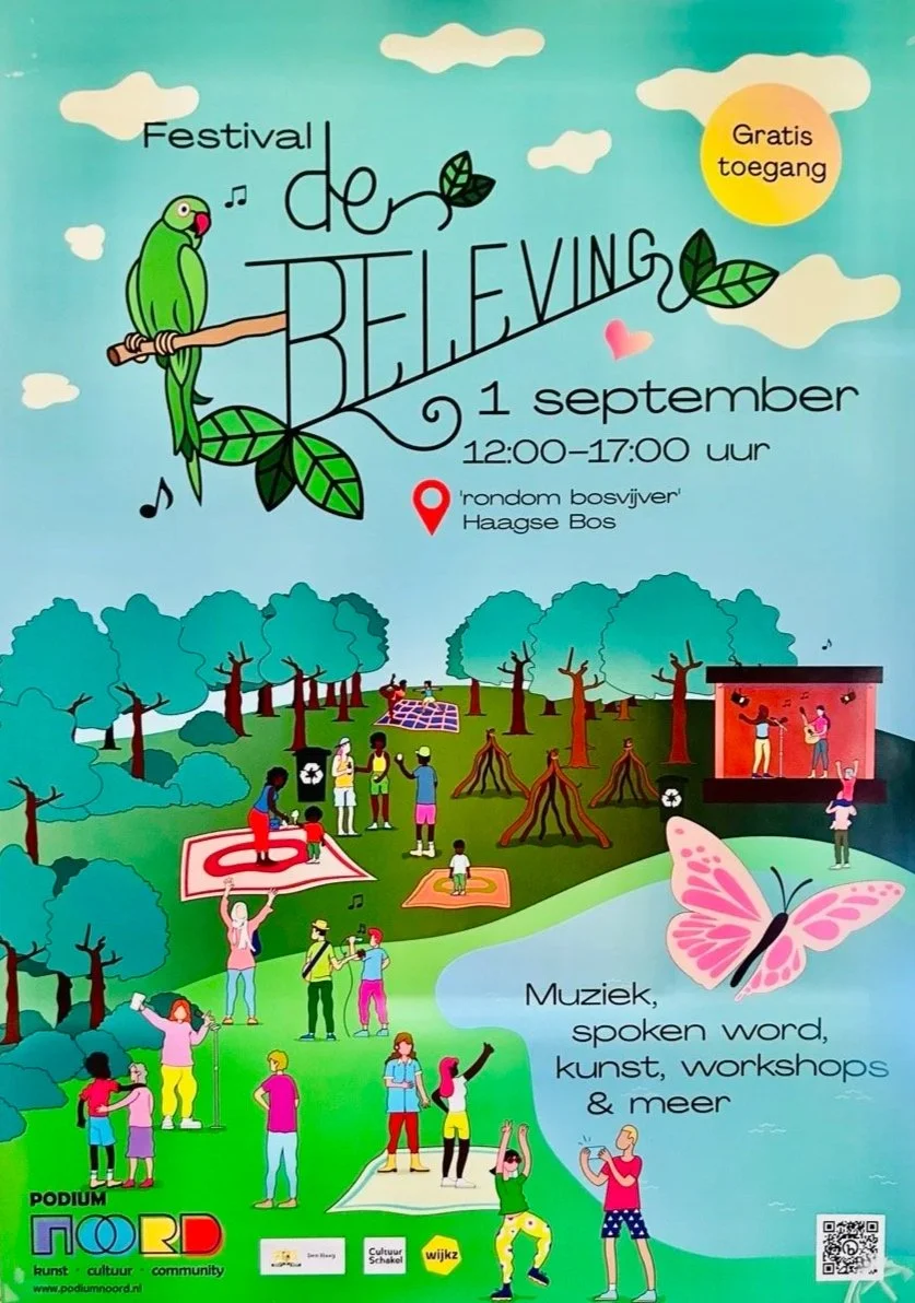 Posters for the Festival de Reliefing on September 1st, from 12:00 to 17:00 at 'rondom bosvijver,' Haagse Bos. Features a cartoon parrot on a branch, event details, and colorful illustrations of people enjoying music, spoken words, art, and workshops in a park setting with trees, stages, and activities.
