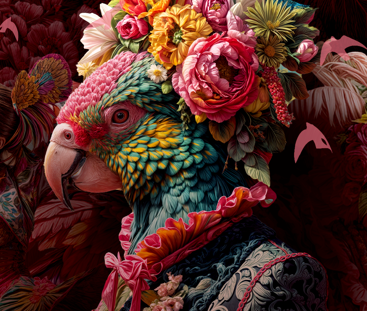 A colorful parrot with green, yellow, and red feathers, surrounded by an elaborate arrangement of pink, red, orange, and yellow flowers. The parrot appears to be part of a decorative, floral costume or artwork.