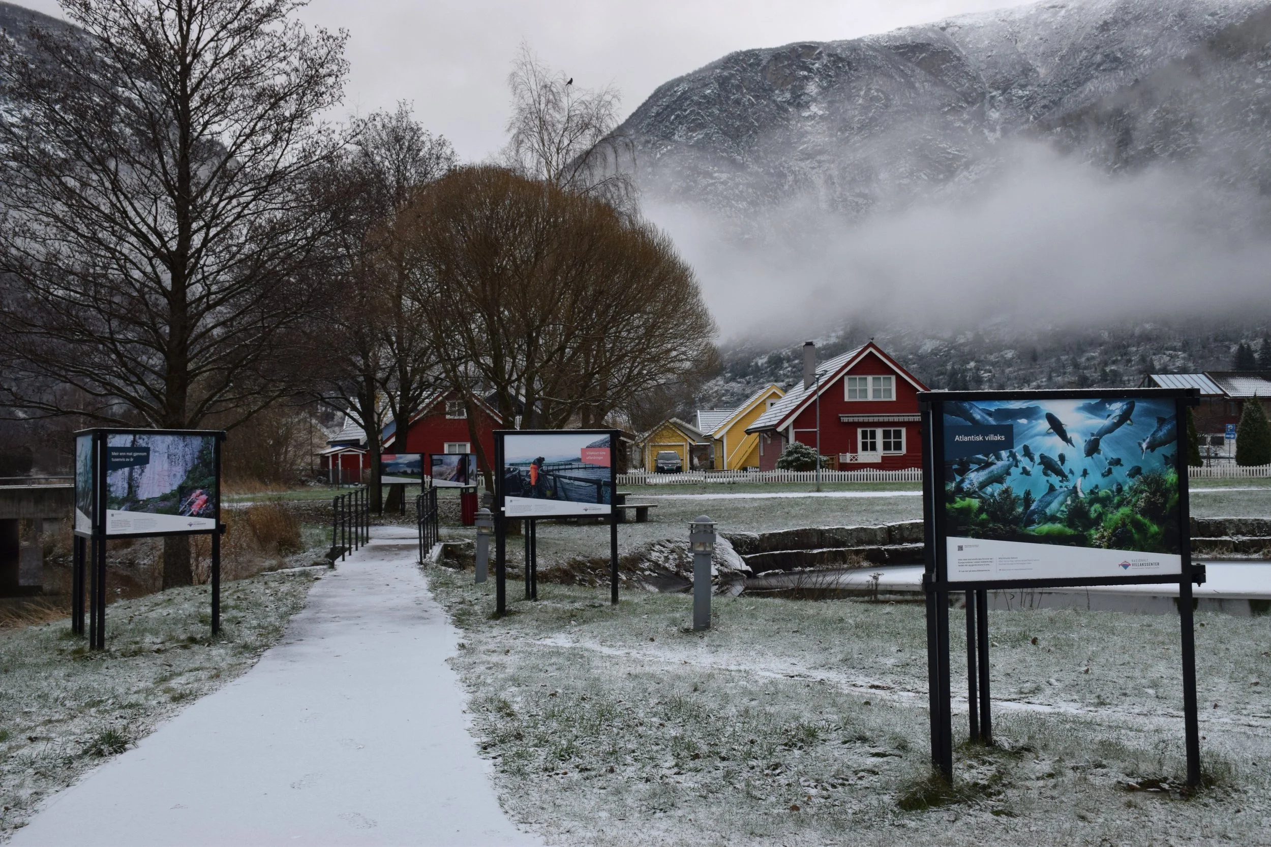 Utendørs utstillingsområde med informasjonsplakater, snødekte stier og hus i bakgrunnen, omgitt av fjell og lave skyer.