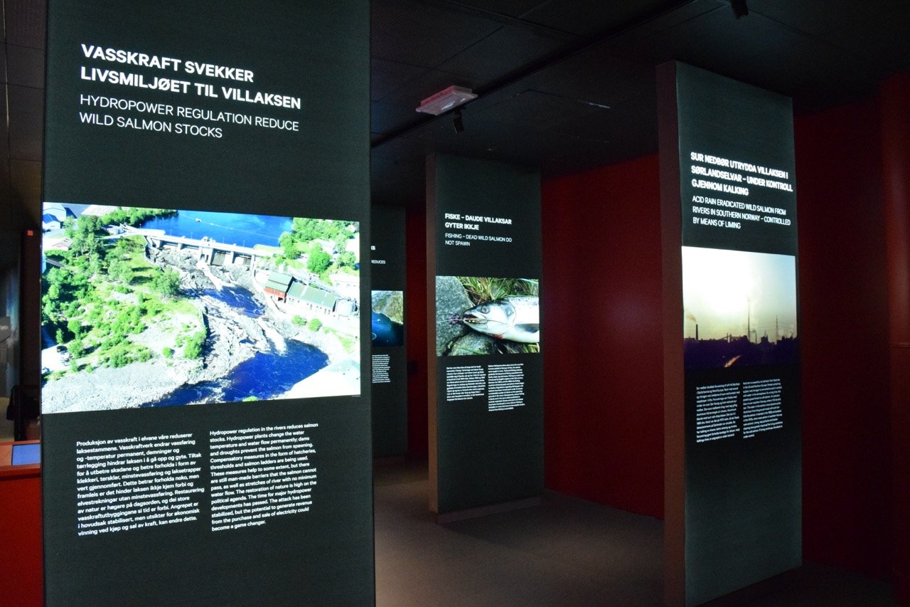 Informasjonstavler om vannkraftens innvirkning på villaksen og lokale fiske- og miljøproblemer, med bilder av elv og laksefisken.