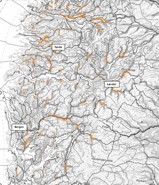 Topografisk kart over området rundt Bergen, Lærdal og Førde i Norge, med landskap, fjell, elver og veier, merket med steder Bergen, Lærdal og Førde.