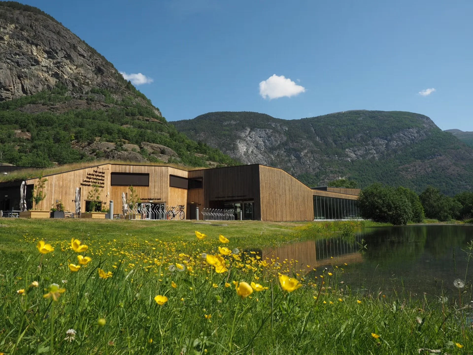 Modern trebygning ved vann med fjell i bakgrunnen og blomster i forgrunnen.