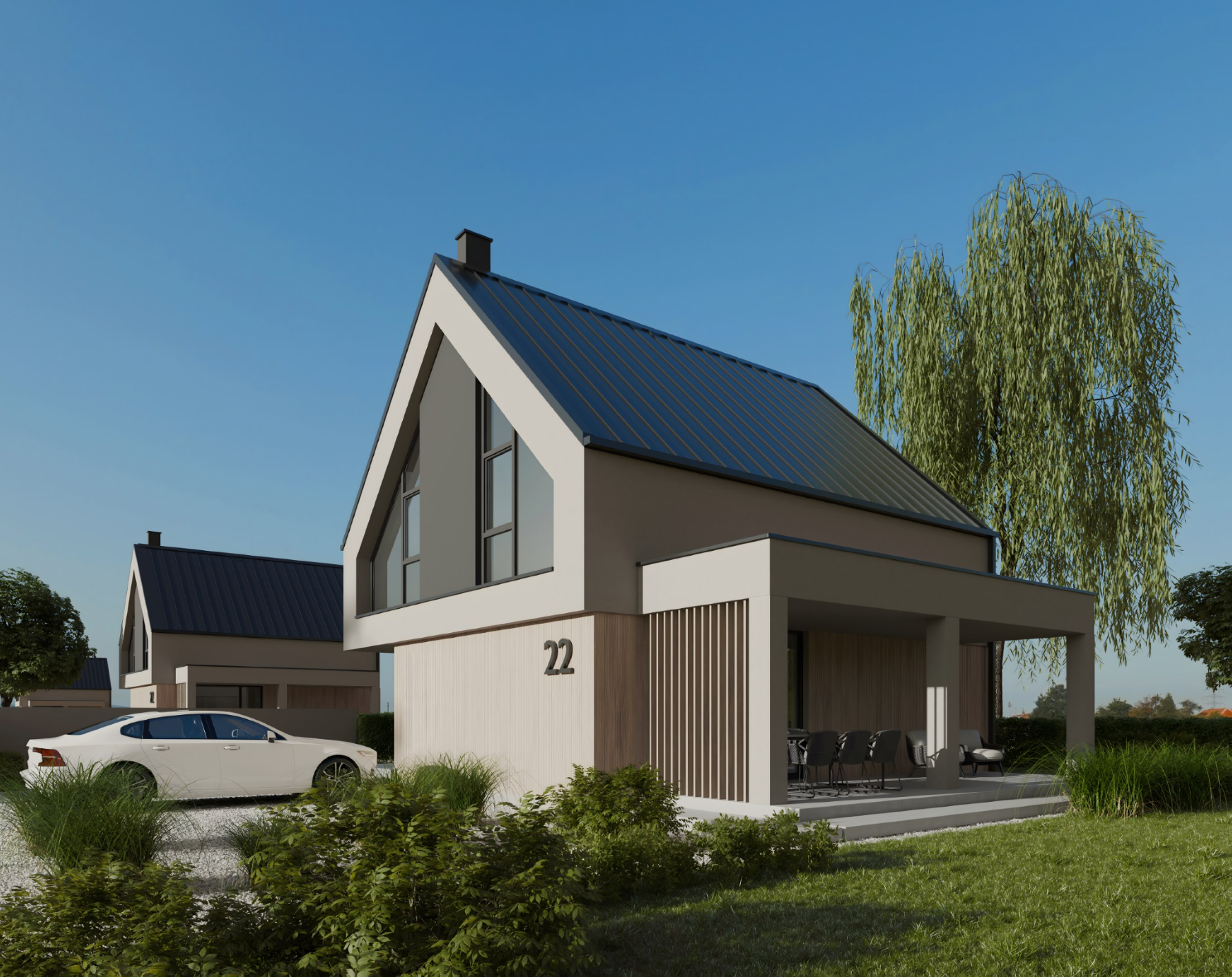 Modern two-story house with a dark metal roof, white and wooden exterior, front porch with chairs, and a white car parked in front. Green lawn and trees under a clear blue sky.