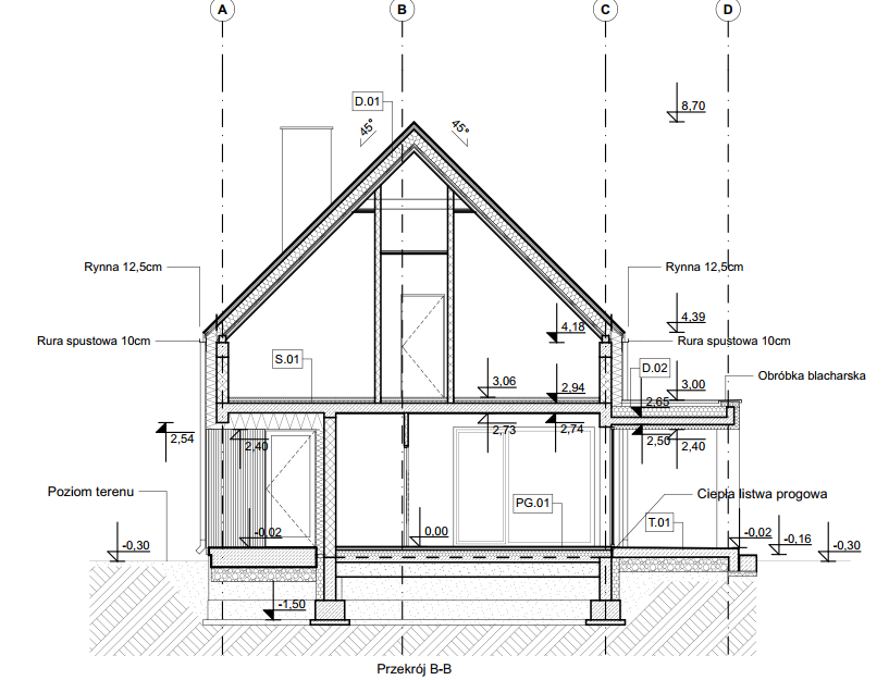 Architectural cross-section diagram of a building showing roof structure, floors, and foundations, with labeled measurements and construction details.