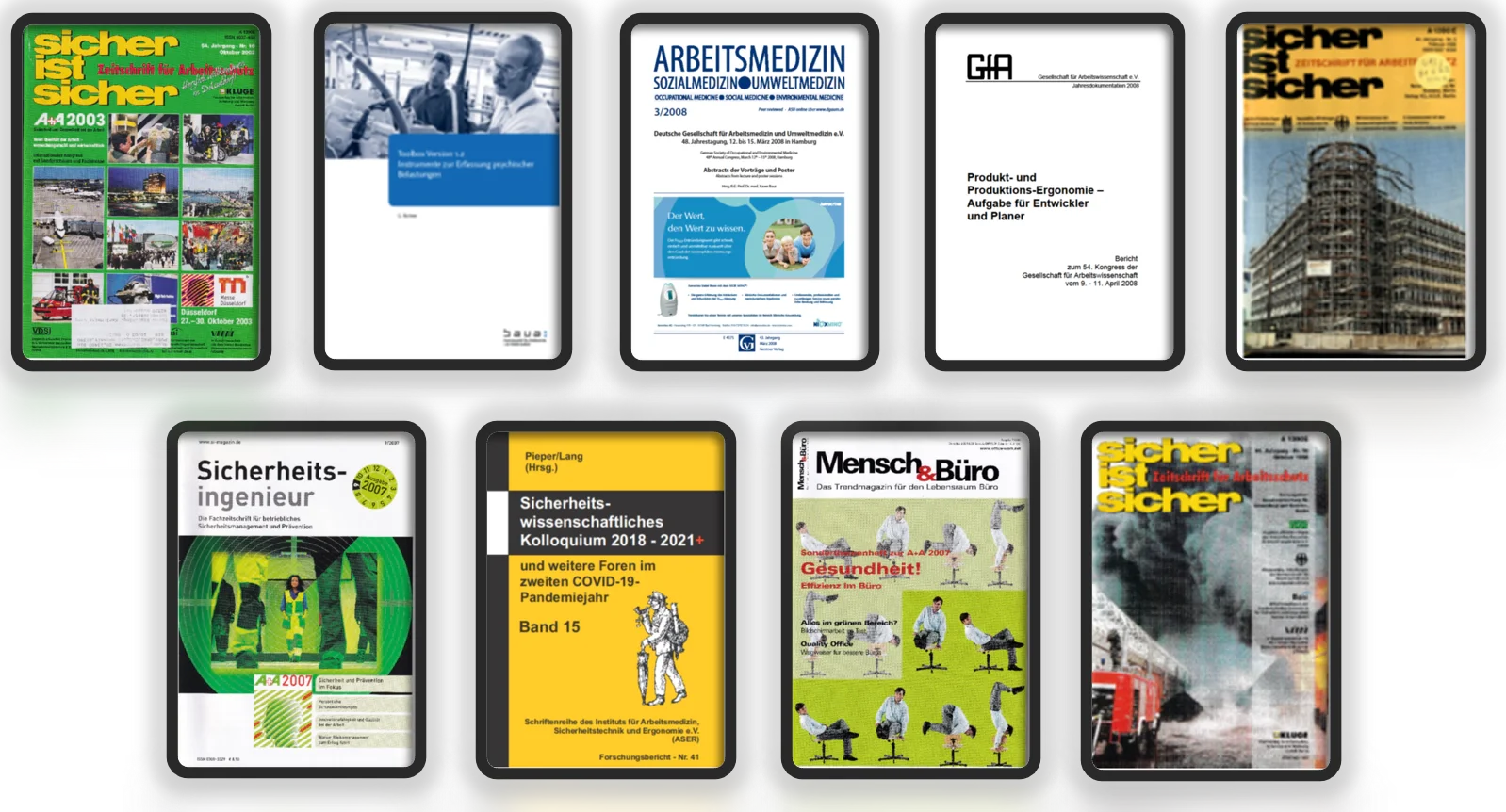 Ausschnitt von acht verschiedenen Zeitschriften- und Konferenzmaterialien mit Themen wie Arbeitsschutz, Arbeitsmedizin, Sicherheitsmanagement, Bürowissenschaften, Baumaßnahmen und COVID-19.