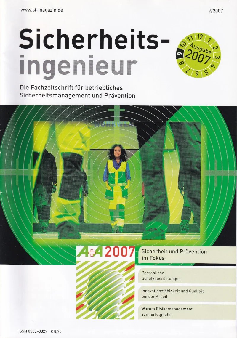 Cover der Fachzeitschrift "Sicherheitsingenieur" mit einem Bild von Sicherheitskräften in reflektierenden Westen, die durch eine Zeitschriftenüberschrift "Sicherheits- und Präventionsmanagement" führen, und einem grünen Sicherheitskreis mit der Aufschrift "2007".