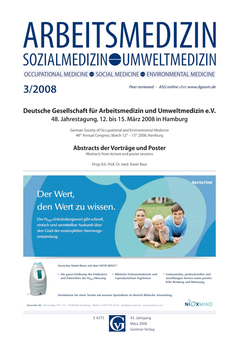 Titelblatt einer wissenschaftlichen Konferenz zum Thema Arbeitsmedizin, mit einem blauen geometrischen Design, einem Gruppenselfie und einem medizinischen Gerät für Atemwegsuntersuchungen.