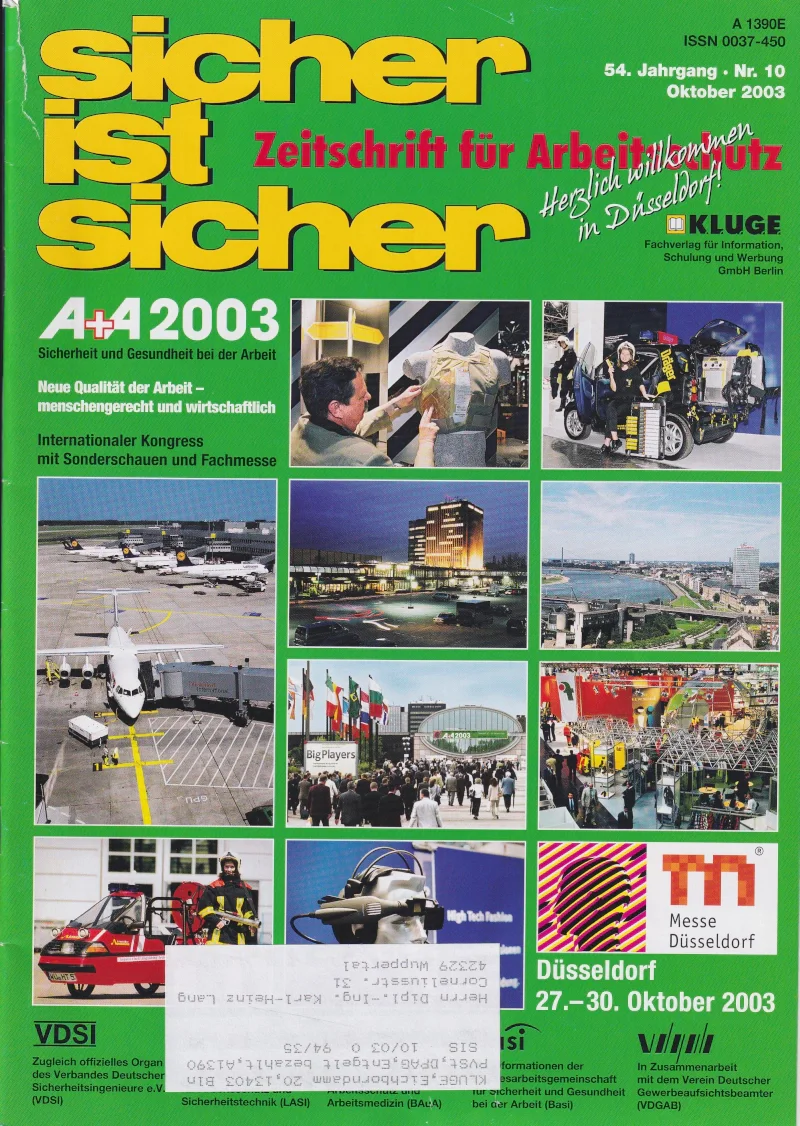 Vorschaubild der Fachzeitschrift 'Sicher ist sicher' aus Oktober 2003, Ausgabe 10, mit mehreren Fotos von Sicherheits- und Technikthemen bei Arbeiten, Fluganlagen, Großveranstaltungen und Notfalleinsätzen in Düsseldorf.