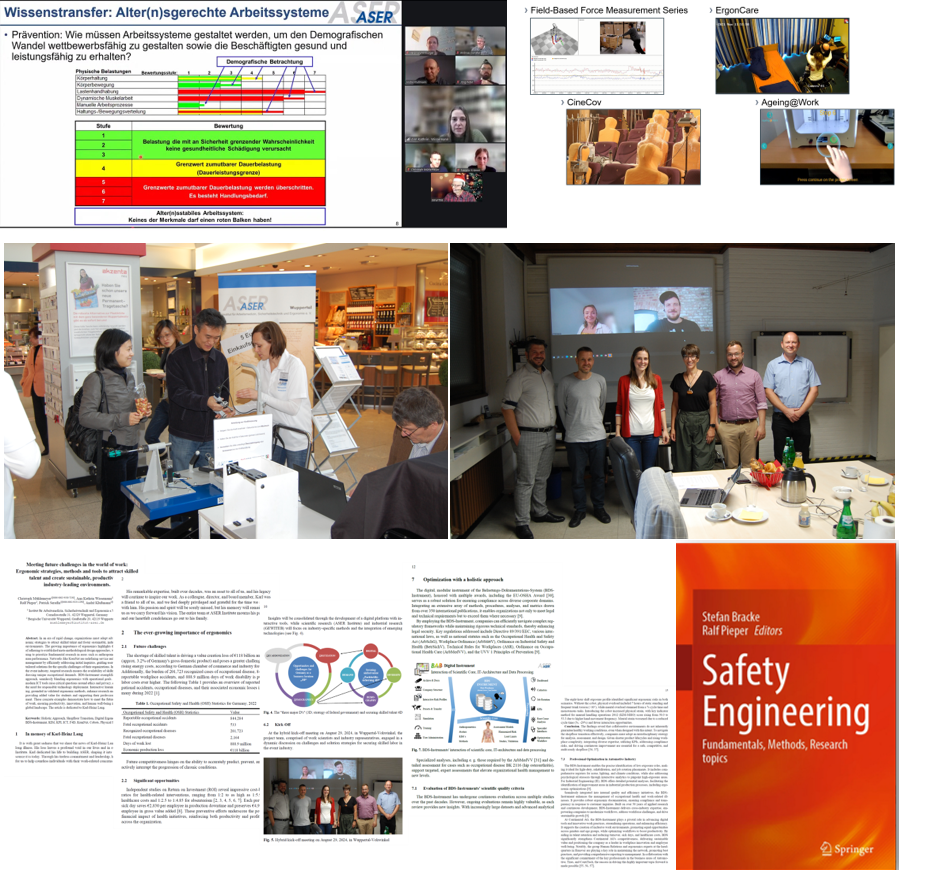 Collage aus vier Bildern: 1) Präsentation über alter(n)gerechte Arbeitssysteme mit Diagrammen und Bewertungen, 2) Virtuelles Meeting mit mehreren Personen, 3) Messe mit einem Stand bei einer Veranstaltung, bei dem Personen Informationen austauschen, 4) Gruppenfoto von Personen vor einer Wand mit einem Bildschirm, 5) Ausschnitt eines Buchcovers zum Thema Sicherheitstechnik.