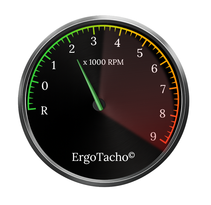 Tachometer mit rotem, gelbem und grünem Bereich, zeigt den Motorumdrehungsstand bei etwa 1.2 x 1000 U/min, mit der Beschriftung 'ErgoTacho©'.