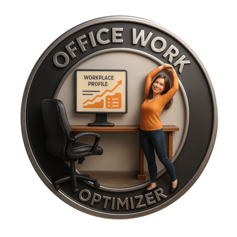 Eine Frau steht neben einem Schreibtisch und einem Monitor mit der Aufschrift 'Workplace Profile' mit steigender Kurve, umgeben von einem Kreis mit den Worten 'Office Work Optimizer'.