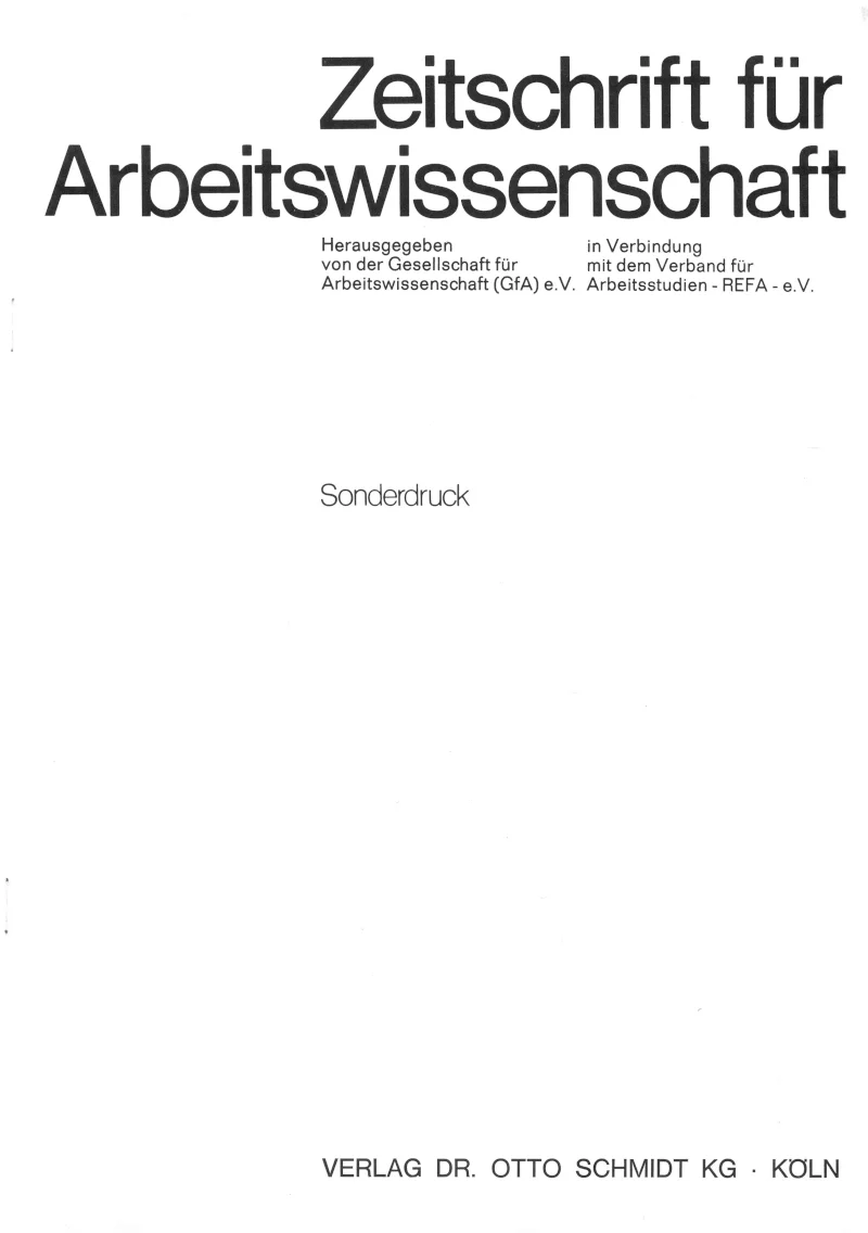 Titelblatt eines wissenschaftlichen Journals namens 'Zeitschrift für Arbeitswissenschaft' mit einer Unterüberschrift 'Sonderdruck', veröffentlicht von Verlag Dr. Otto Schmidt in Köln.