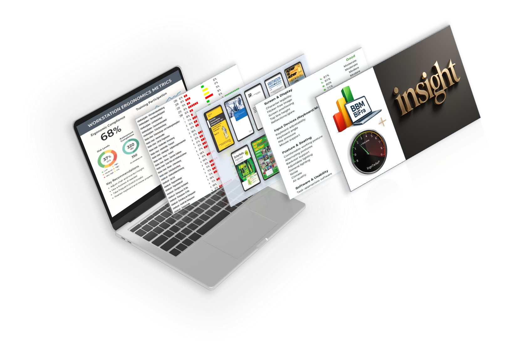 Digitale Präsentation mit verschiedenen Daten und Grafiken, darunter ein Laptop, Diagramme, Bewertungsskalen und das Wort 'insight' in goldener Schrift.