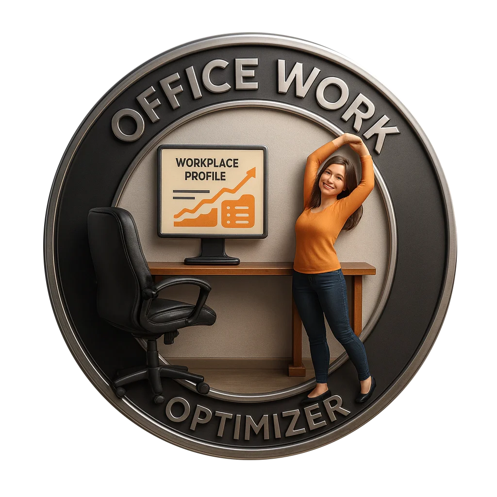 Frau in einem Büro mit einem Computerbildschirm, der 'Workplace Profile' anzeigt, posiert lächelnd vor einem großen runden Rahmen mit der Aufschrift 'Office Work Optimizer'.