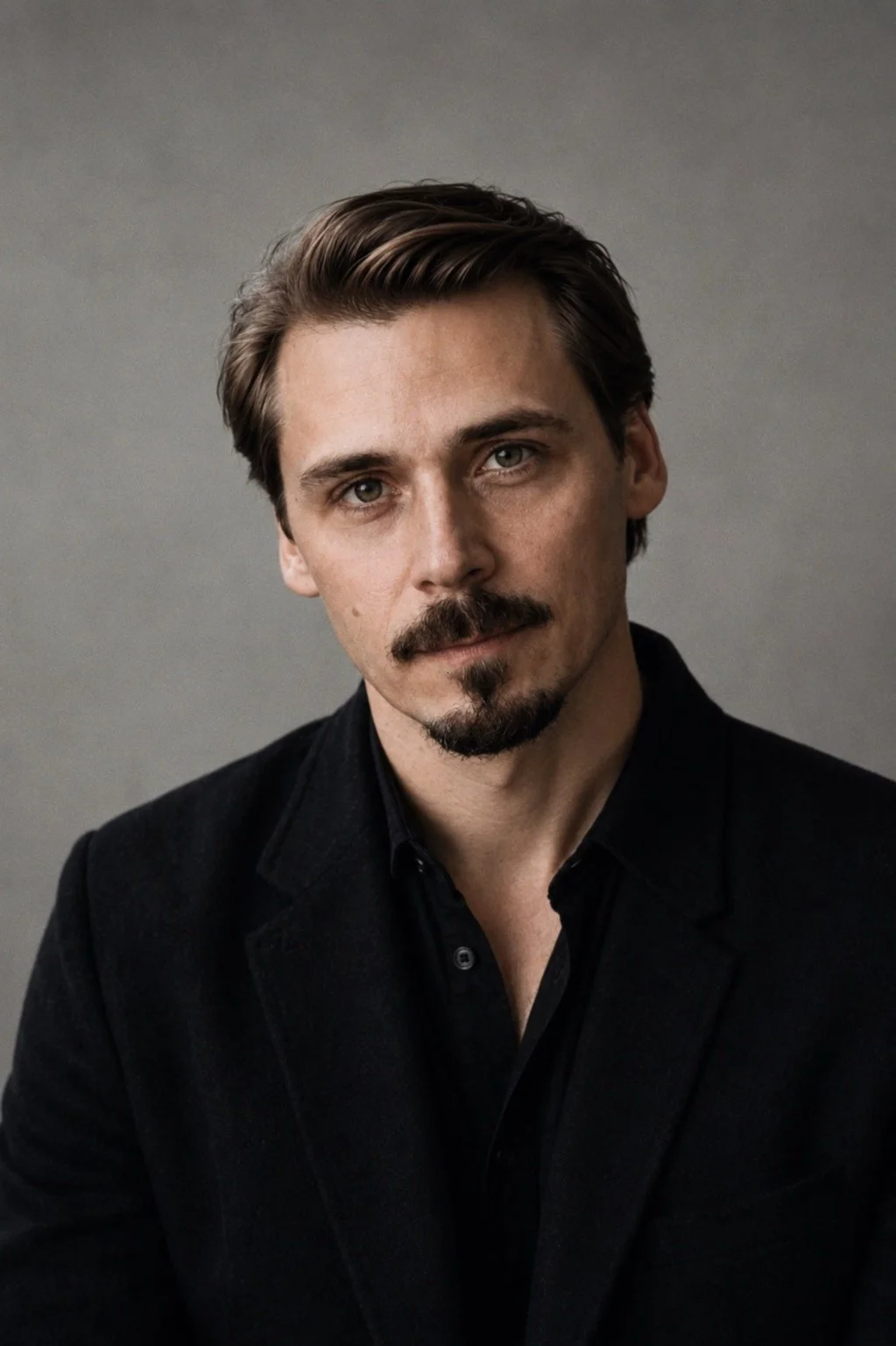 A portrait of a Finnish film director and screenwriter with brown hair and a mustache, wearing a black jacket and black shirt, against a plain gray background.