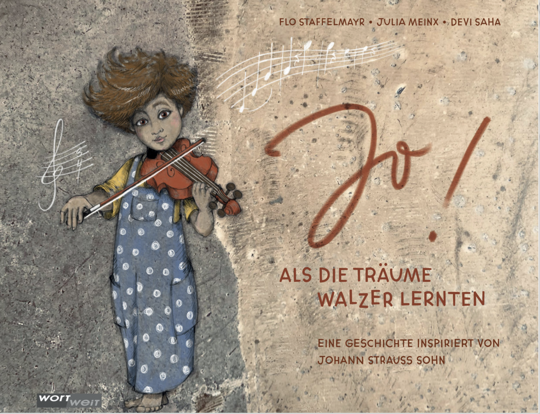 Illustration of a girl with shoulder-length brown hair playing a violin, wearing a yellow shirt and a blue dress with white spiral patterns, standing on a textured gray surface. To the right, there is German text, with the title in large script reading 'Johann,' and other text mentioning 'ALS DIE TRÄUME WALZER LERNEN' and 'EINE GESCHICHTE INSPIRIERT VON JOHANN STRAUSS SON.
