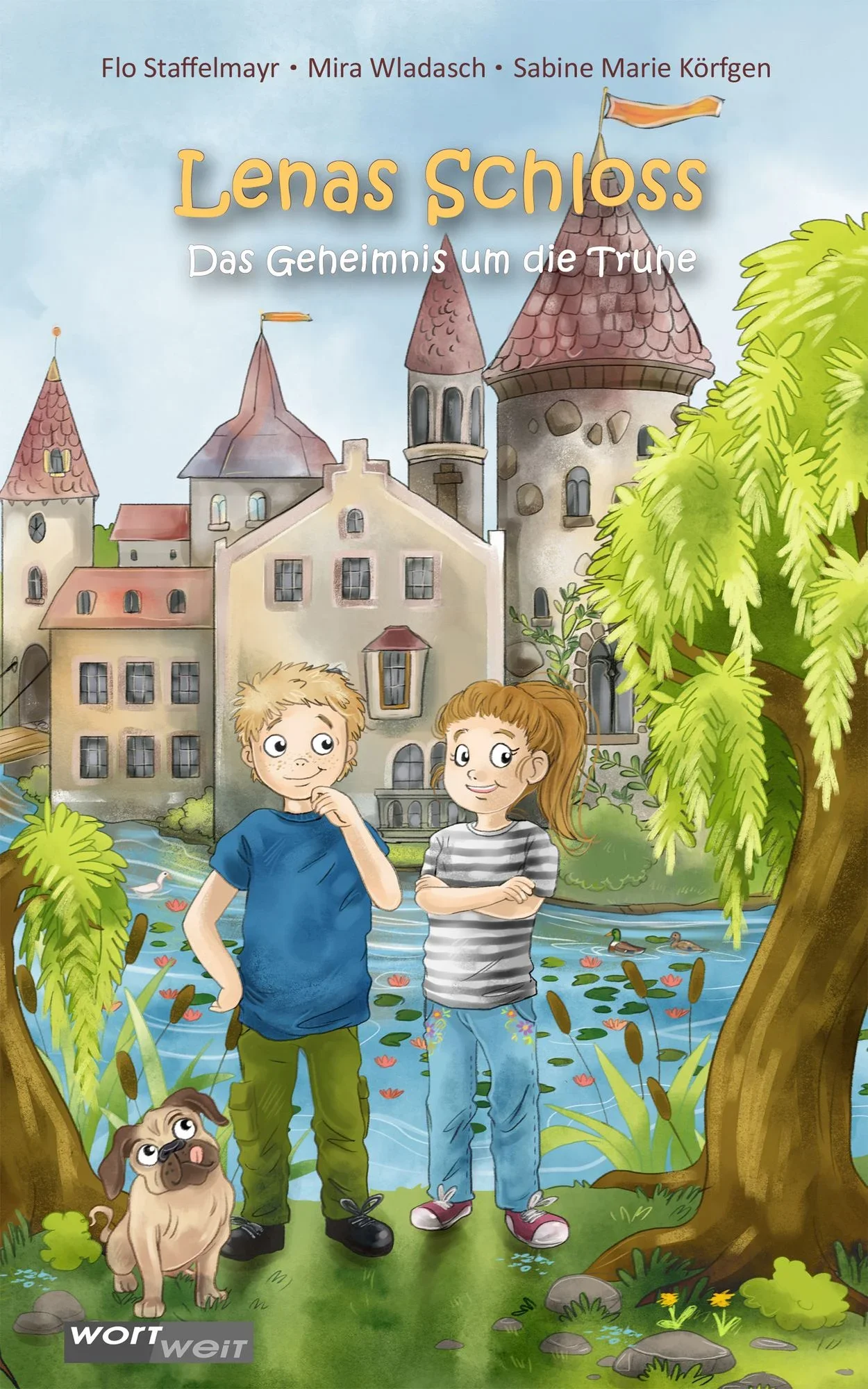 A colorful illustration of a medieval castle with towers and flags, two children and a dog standing near a pond with ducks, trees, and greenery in the foreground.