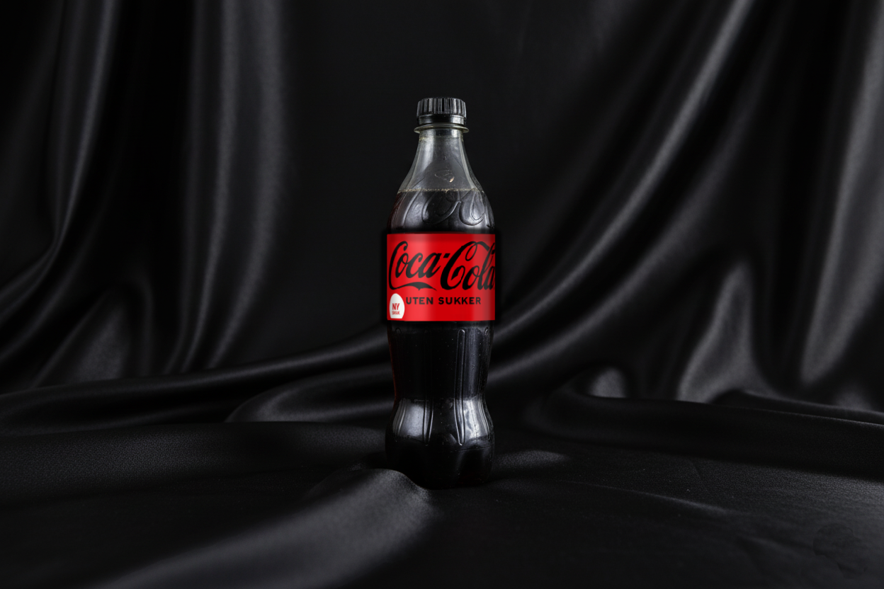 En flaske Coca-Cola uten sukker plassert på svart satin bakgrunn.