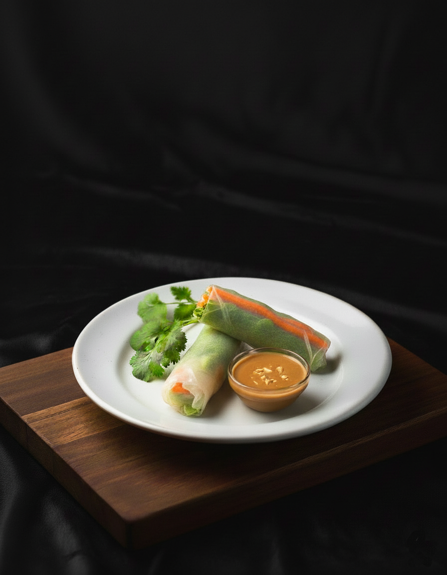 To sommerruller med en liten skål med peanøttsaus og frisk koriander på en hvit tallerken, plassert på et stykke treverk.