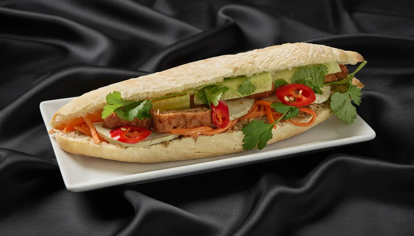 Submarine with homemade plant-based meat, cucumber, tomato, coriander, chili, carrot and flatbread on a white plate