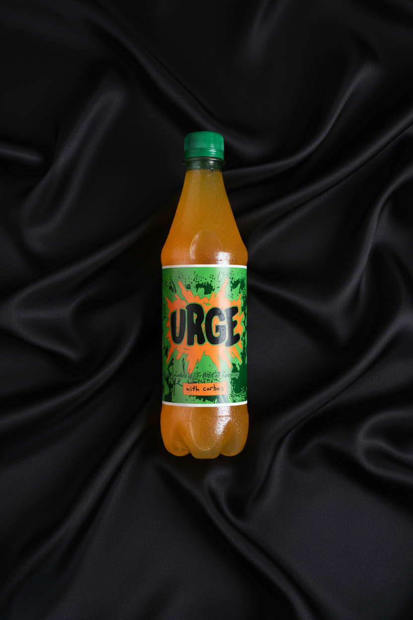 En brusflaske med etiketten 'URGE' plassert på svart stoff.