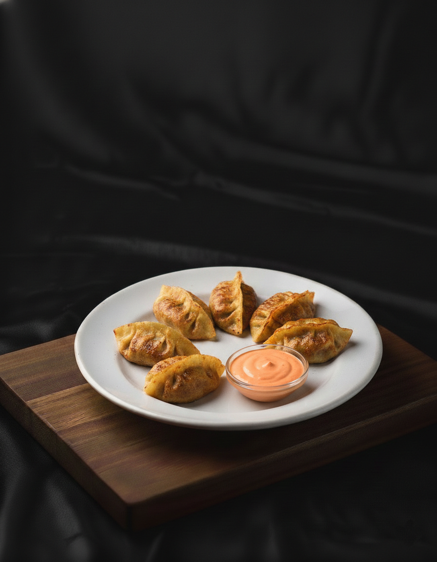 Friterte veganske dumplings med en rosa saus på en hvit tallerken på et trekjøkkenbord.