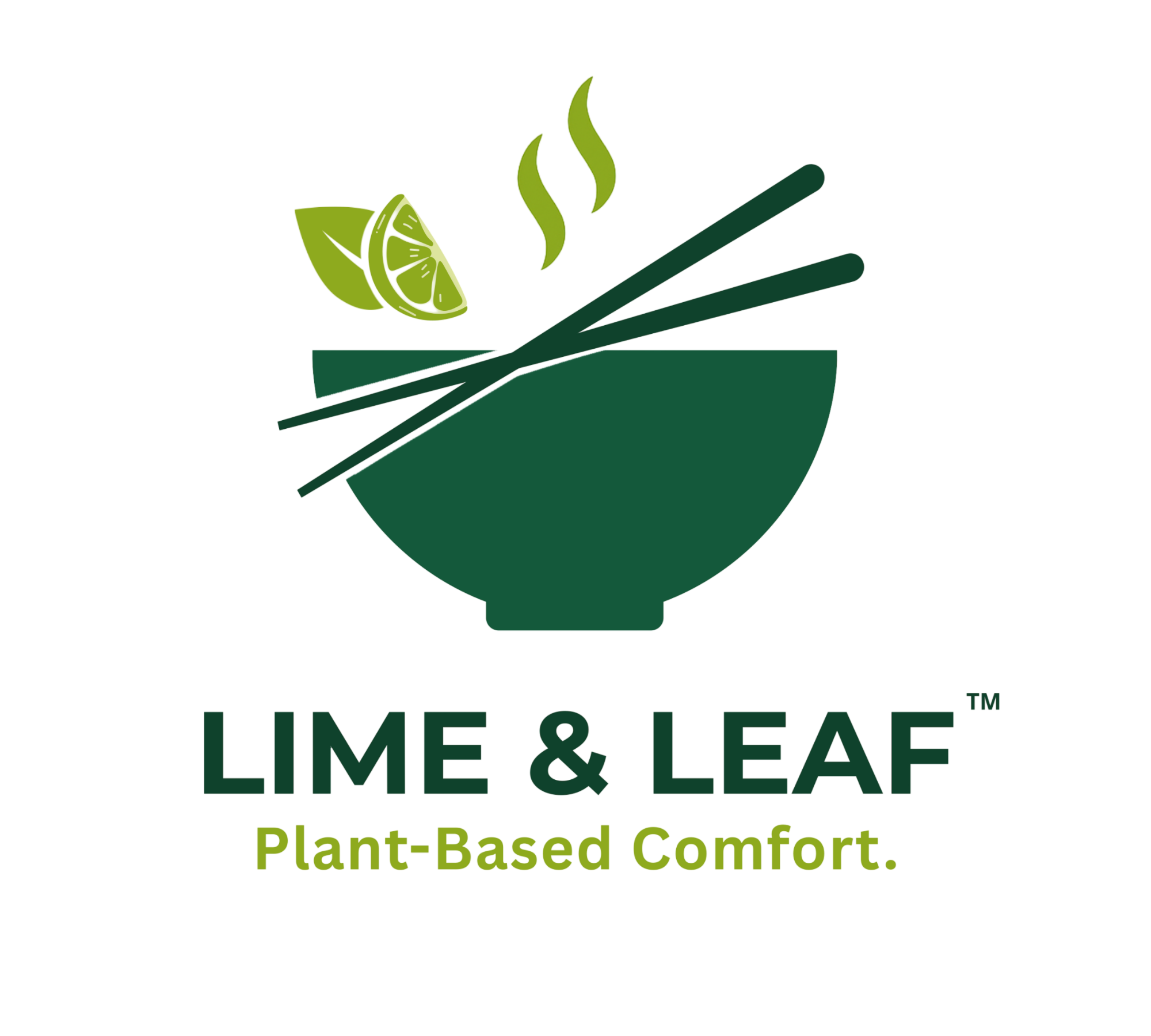 Logo for Lime & Leaf med en grønn bolle, limebåter, og grønne steam-symbolet over. Tekst under: "LIME & LEAF" og "Plant-Based Comfort".