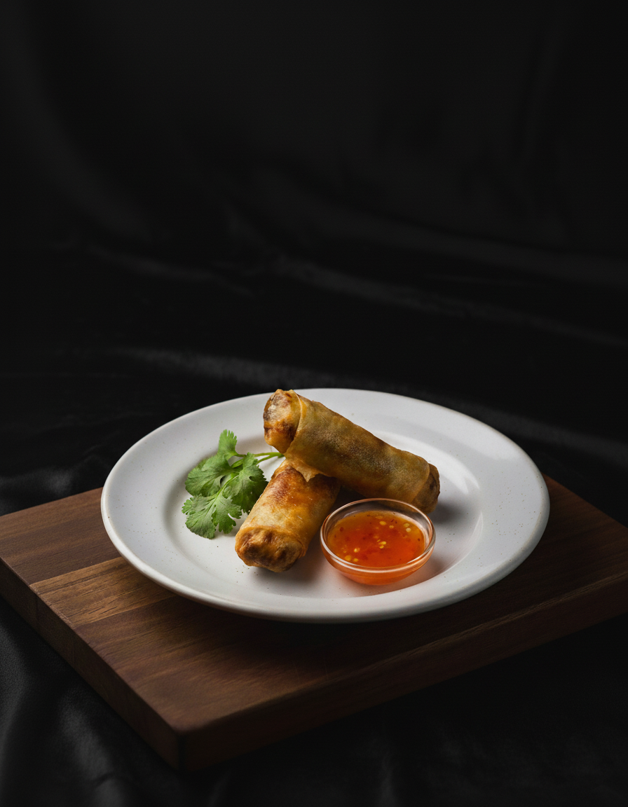 To vårruller med dipsaus og friske korianderblad på en hvit tallerken, plassert på en trekkom underneath en svart bakgrunn.