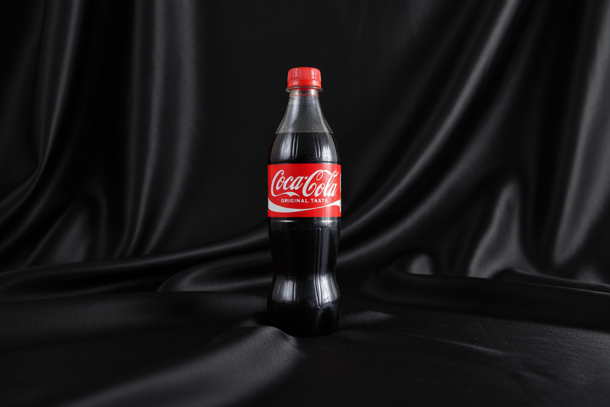 En flaske med Coca-Cola, plassert på en svart glatt overflate med en svart bakgrunn