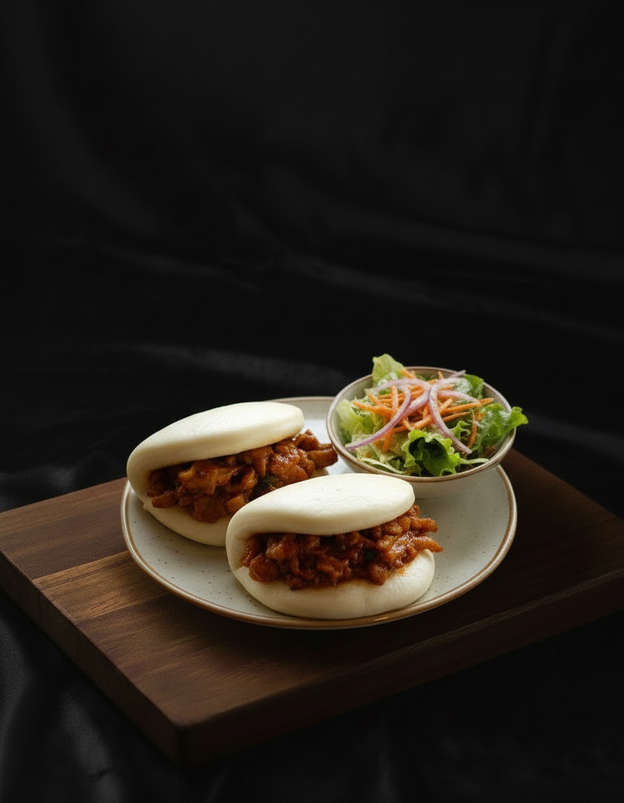 To bao buns fylt med vegansk kjøtt, servert med en liten salat med grønnsaker.