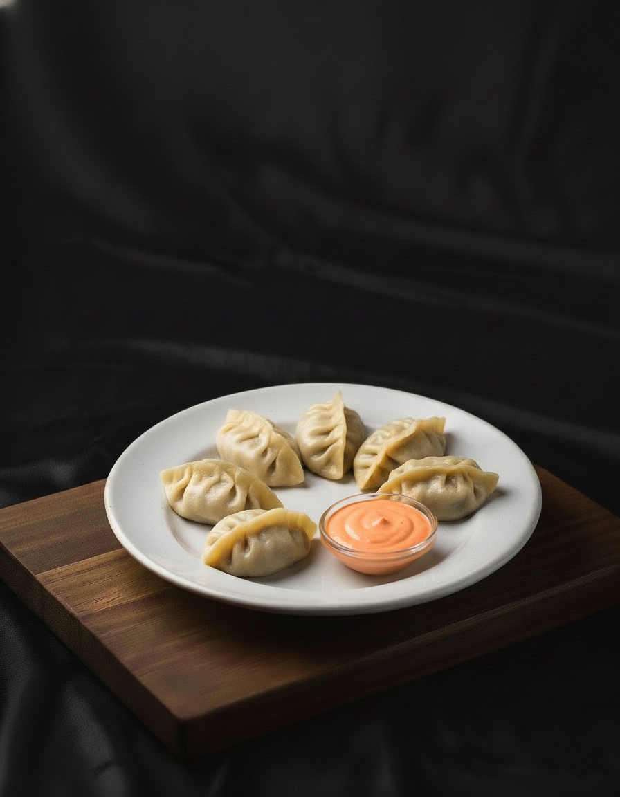 En hvit tallerken med åtte veganske dumplings og en liten bolle med rosa saus, plassert på et treplate mot svart bakgrunn.