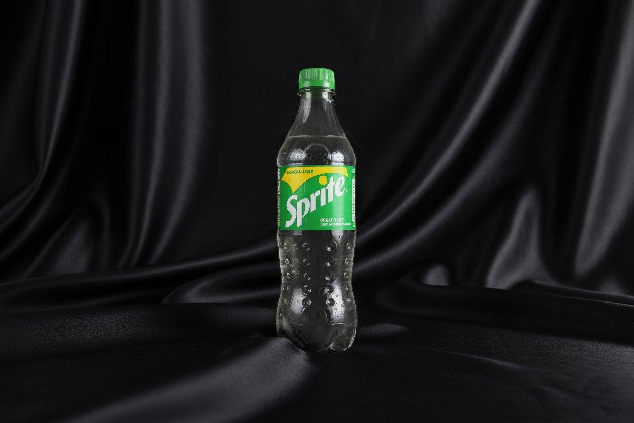 En plastflaske med Sprite brusenavn mot en svart stoffbakgrunn.