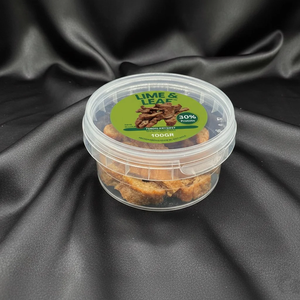 Creamy, round and transparent plant-based snack box with green labels saying 'LIME & LEAF', containing dried snacks inside, placed on black satin background.
