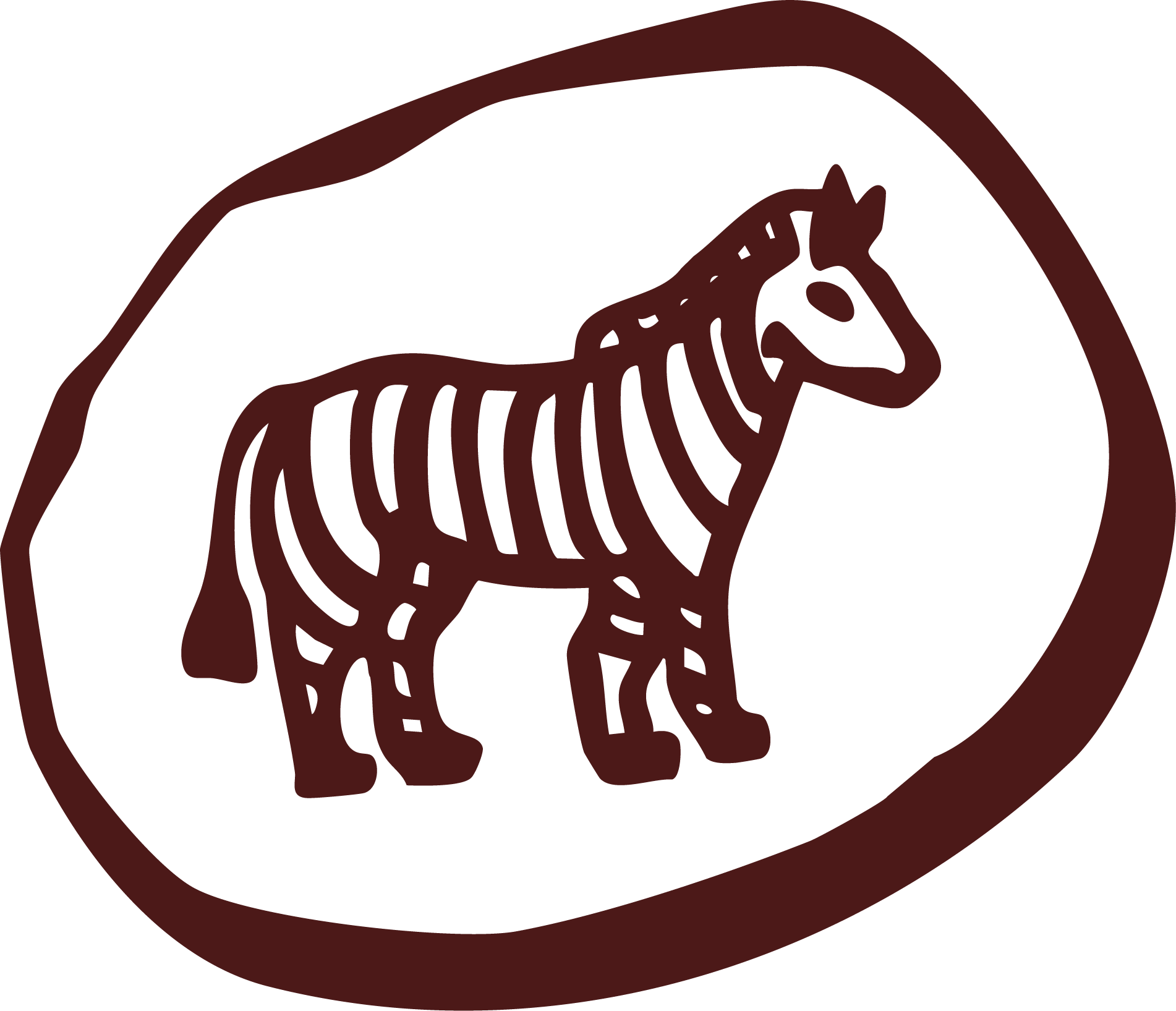 A brand icon for Soul - Drawing of a zebra, inside a roughly oval-shaped border.