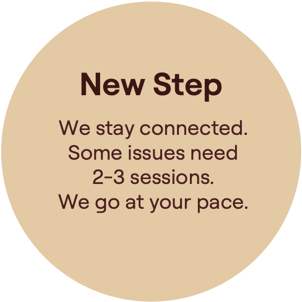New Step. We stay connected. Some issues need 2-3 sessions. We go at your pace.