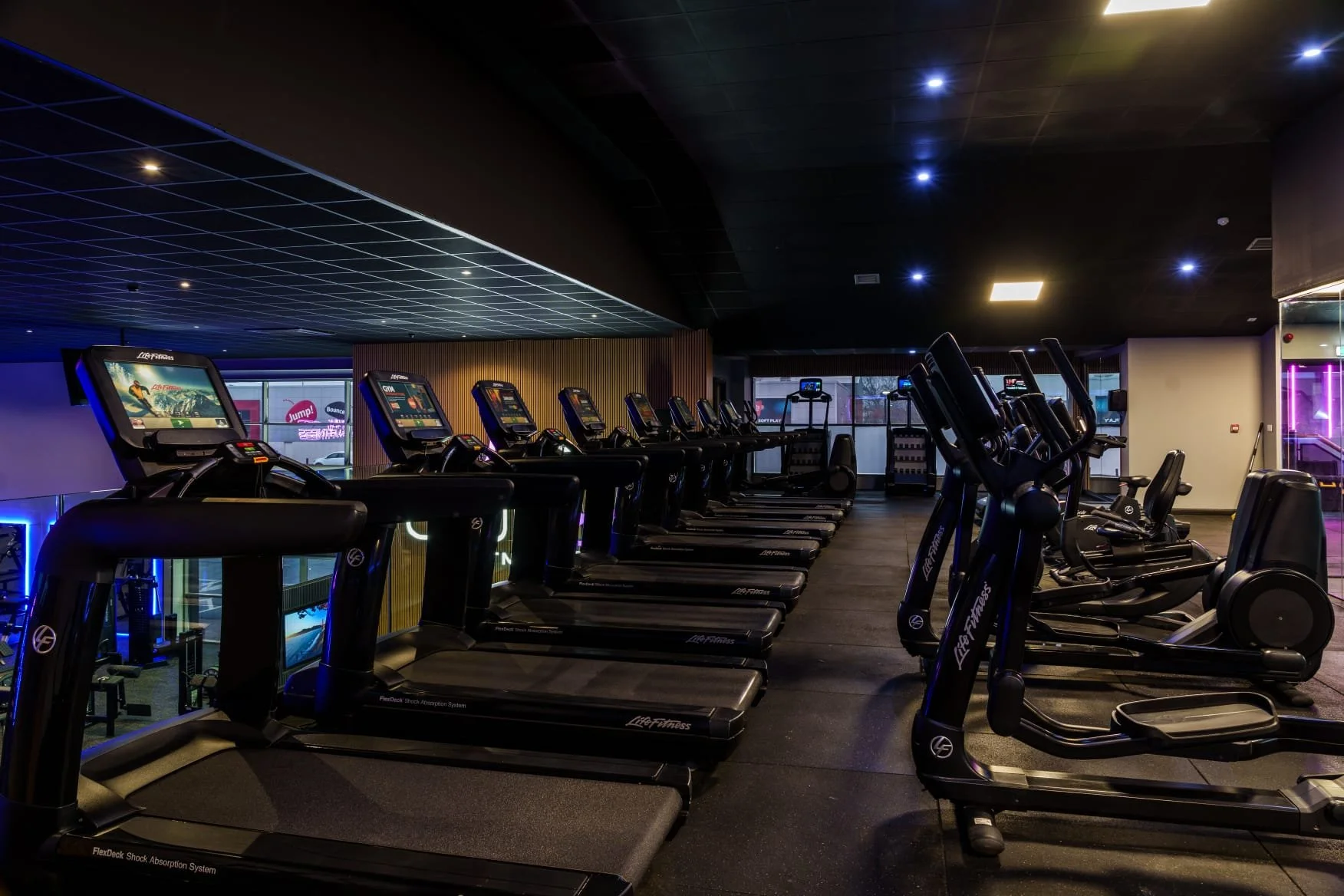 Empty gym with treadmills and ellipticals, dark ceiling with small bright lights, large windows at the back showing outside