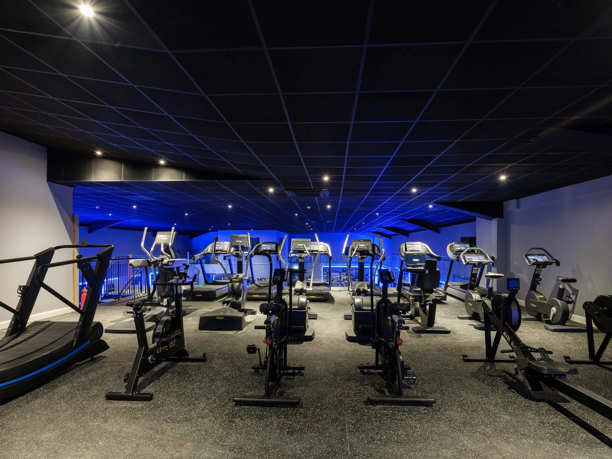 A modern gym with various exercise machines including treadmills, ellipticals, and stationary bikes, illuminated with blue lighting.
