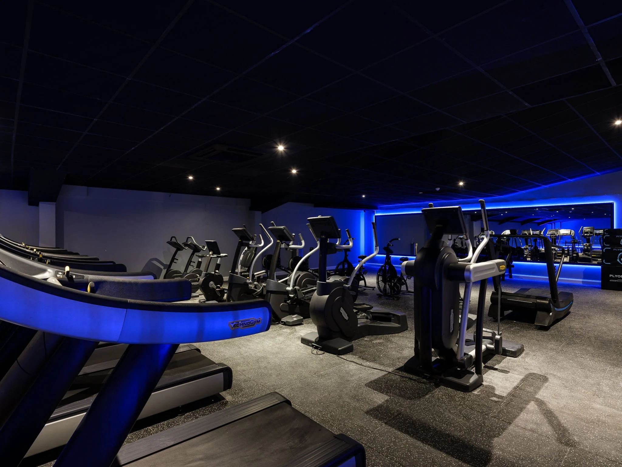 Empty indoor gym with exercise equipment including treadmills, ellipticals, stationary bikes, and weight machines, illuminated with blue accent lighting.