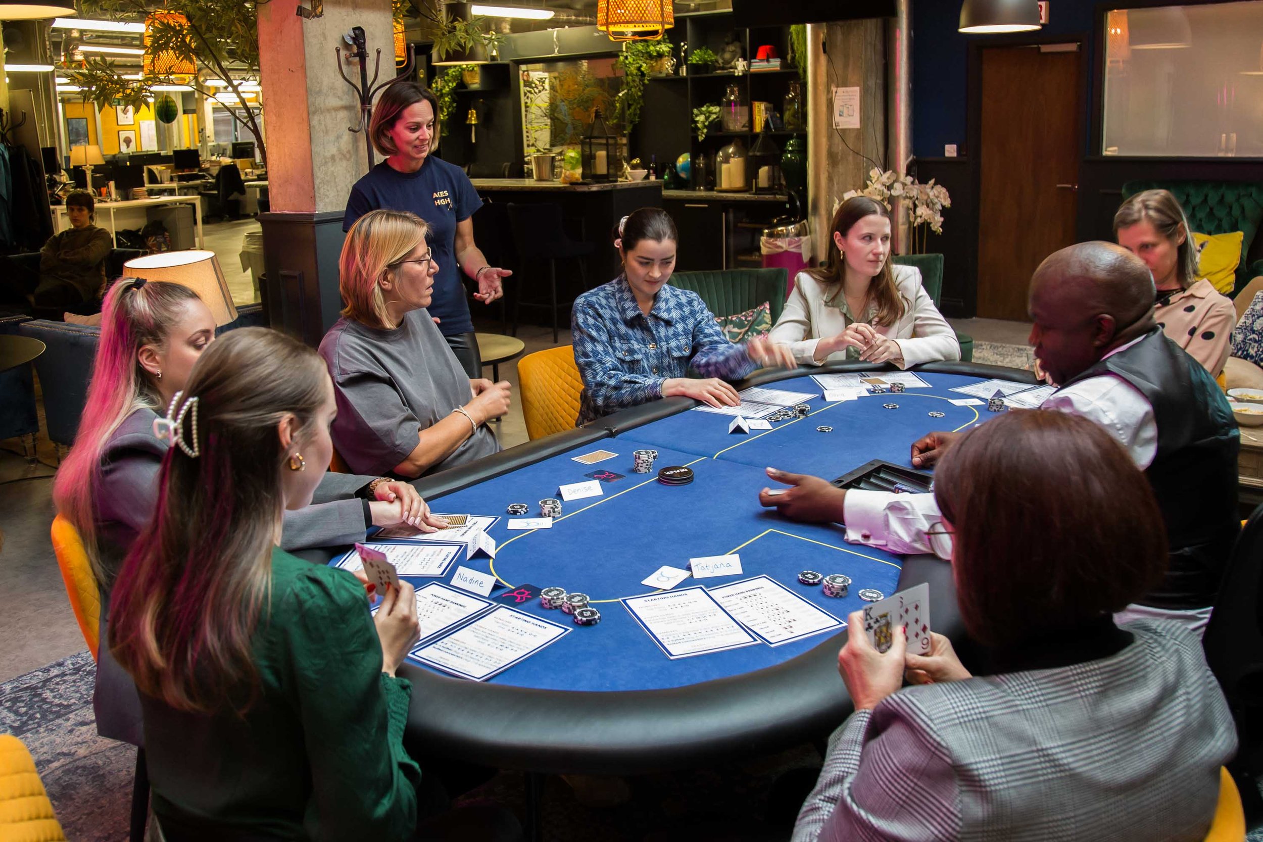 A women's network or corporate team-social developing listening skills, communication and decision making at the poker table, having fun.