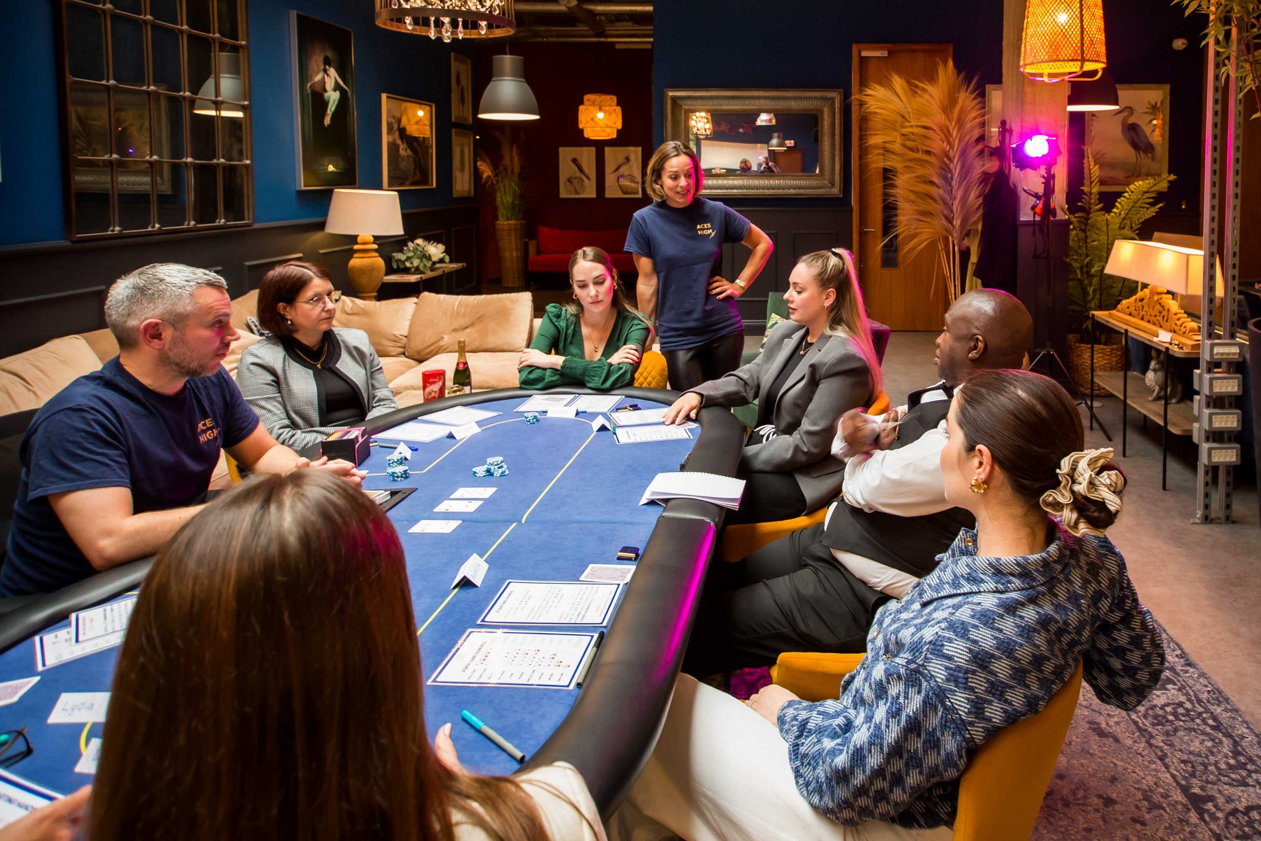 Corporate team enjoying work social and skills training inspired by poker and strategic game play for improved negotiation skills, communication skills and decision making to perform under pressure.