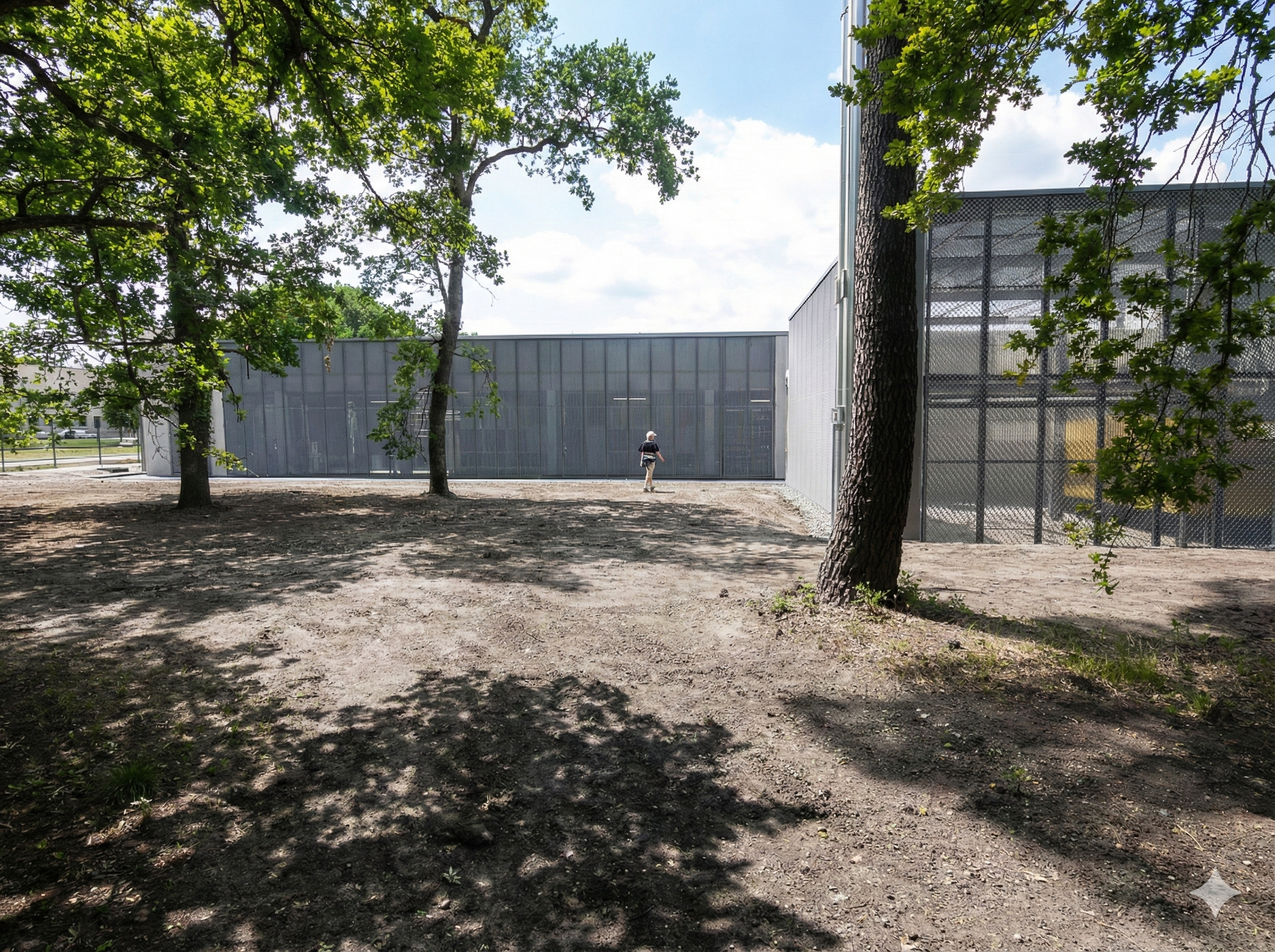 Un espace extérieur avec des arbres, de l'ombre au sol, un bâtiment moderne à l'arrière-plan et une personne marchant près du bâtiment.