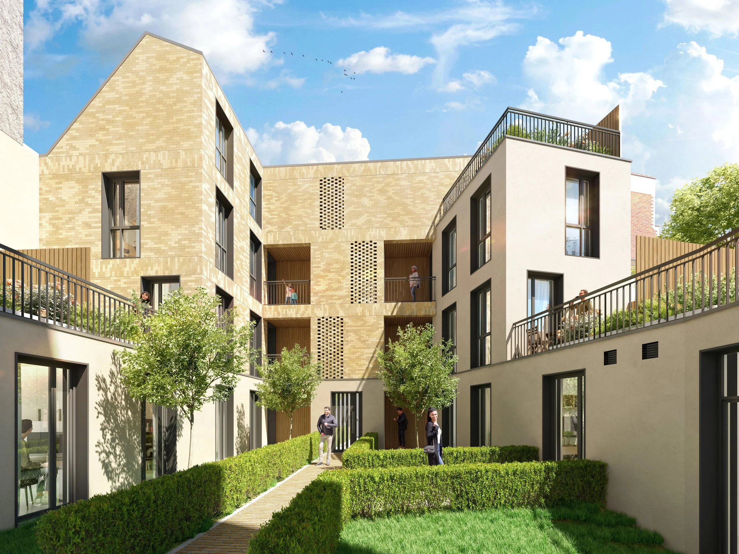 Un immeuble résidentiel moderne avec cour intérieure verte, arbres, personnes se promenant et profitant de l'espace, sous un ciel bleu avec quelques nuages.