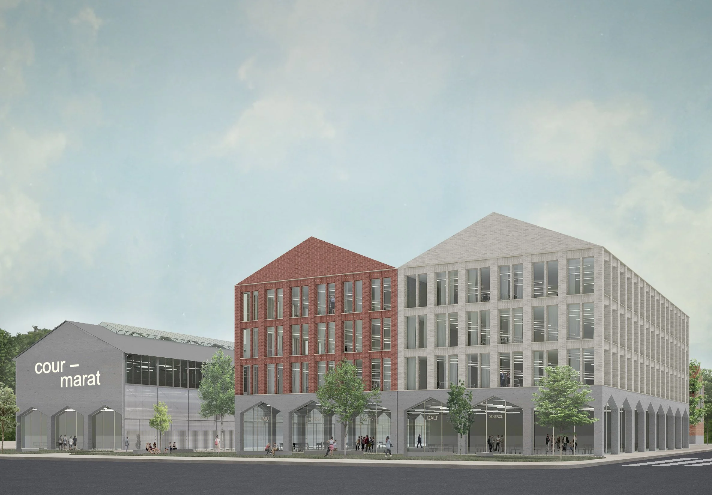 Une illustration d'un bâtiment moderne avec plusieurs étages, comprenant deux structures principales, une en brique rouge et une en béton gris clair. À côté, une structure plus basse avec un toit en pente abrite des commerces avec des vitrines. Il y 