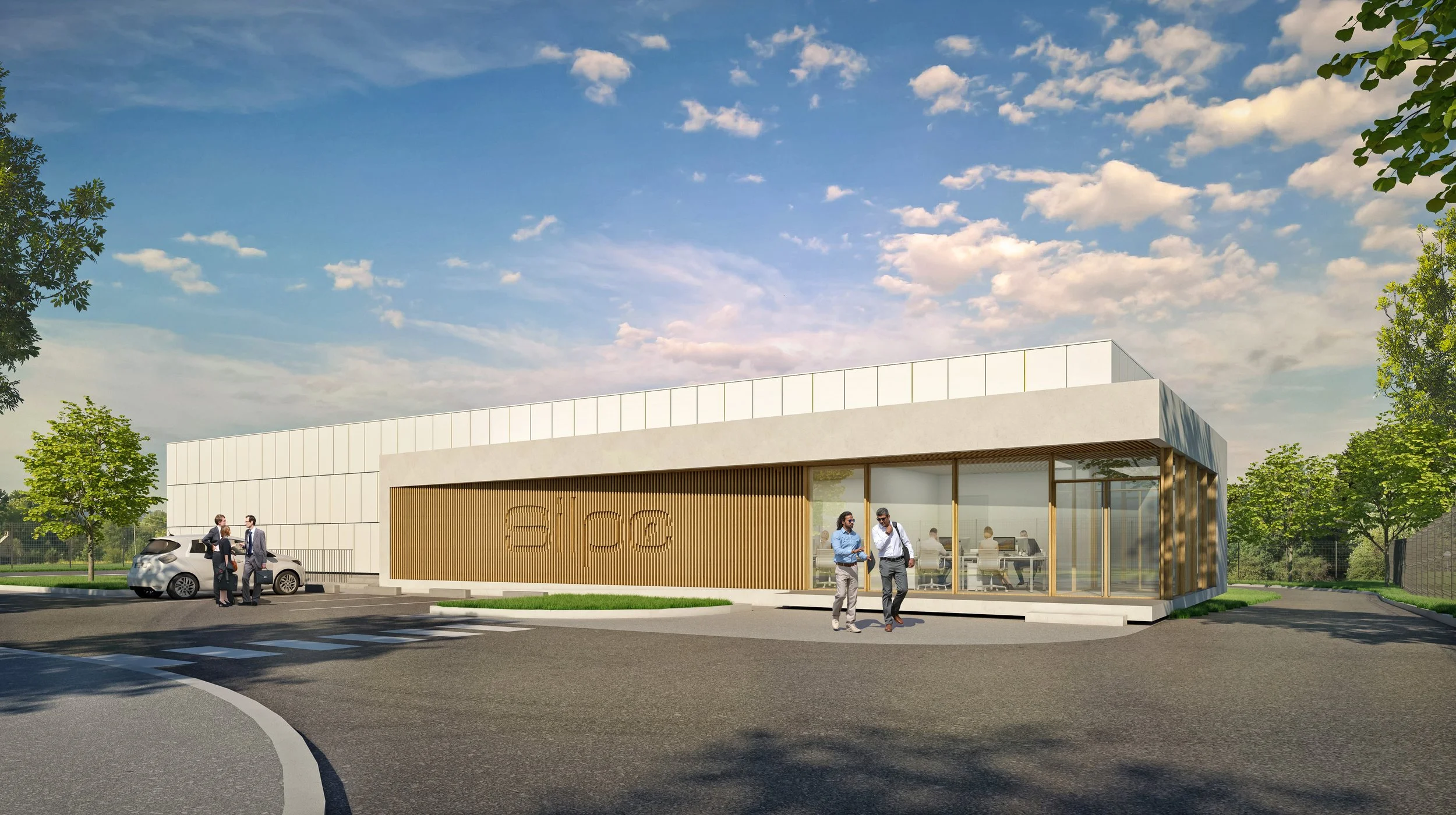 Illustration d'un bâtiment moderne avec une façade en bois et grandes fenêtres, entouré d'arbres et de personnes discutant à l'extérieur, sous un ciel partiellement nuageux.