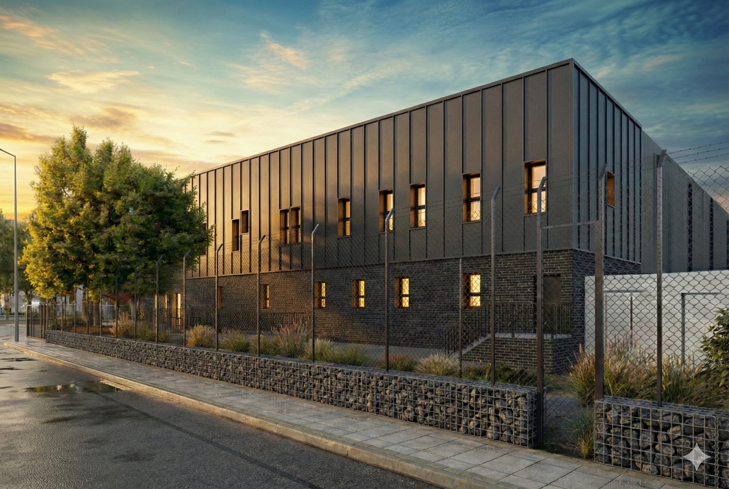 Bâtiment moderne en métal gris avec plusieurs petites fenêtres, entouré d'une clôture en fil de fer, avec un arbre à gauche, sous un ciel orageux au coucher du soleil.
